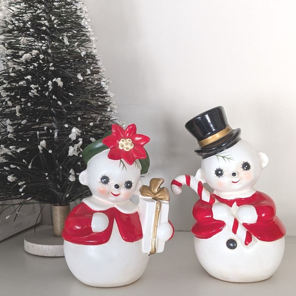 Vintage Josef Originals Snowman and Snow Woman Christmas Planter Set Japan